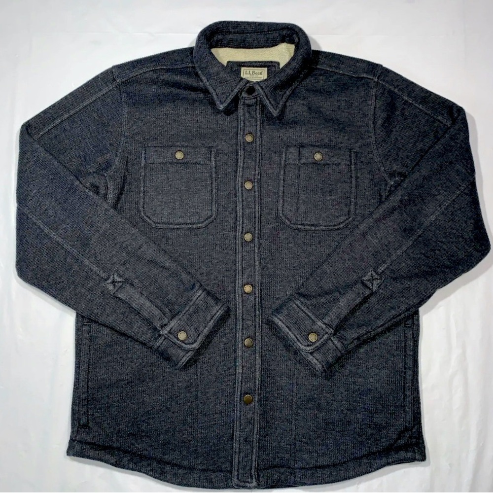 LL Bean Sherpa Lined Thermal Shirt Snap Buttons Gray Men Size Medium Reg